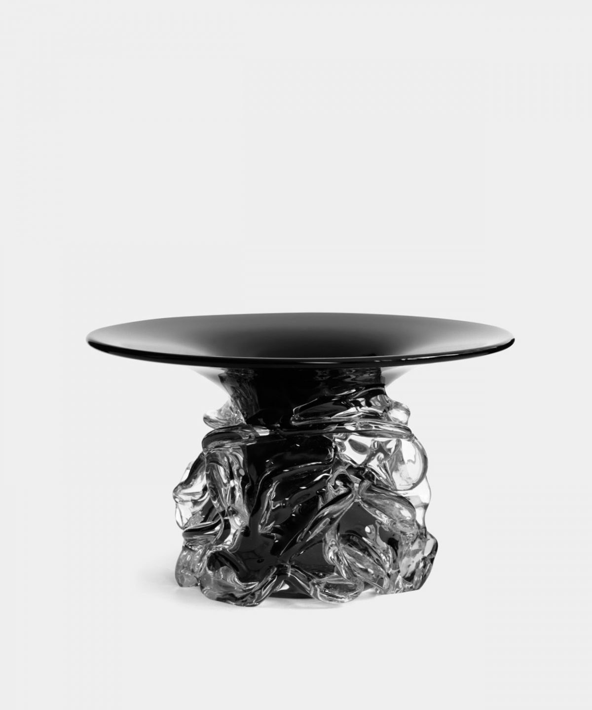 Art Glass, Black by Alexander Lervik – black bowl on a clear sculpted glass base